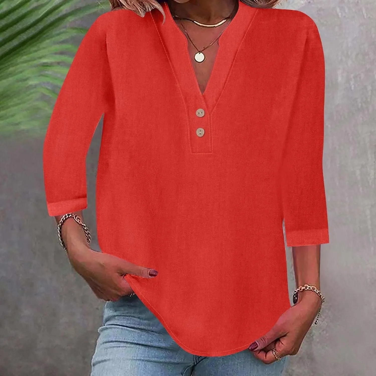 3/4 Length Sleeve Womens Tops Cotton Linen Loose Fit V Neck Button Down Henley Shirts Summer Solid Beach Tee Shirt