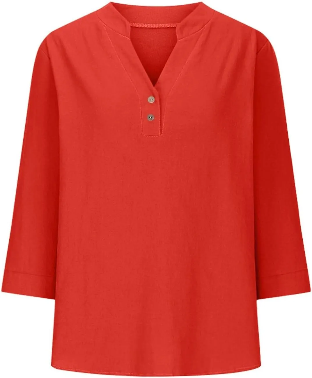 3/4 Length Sleeve Womens Tops Cotton Linen Loose Fit V Neck Button Down Henley Shirts Summer Solid Beach Tee Shirt