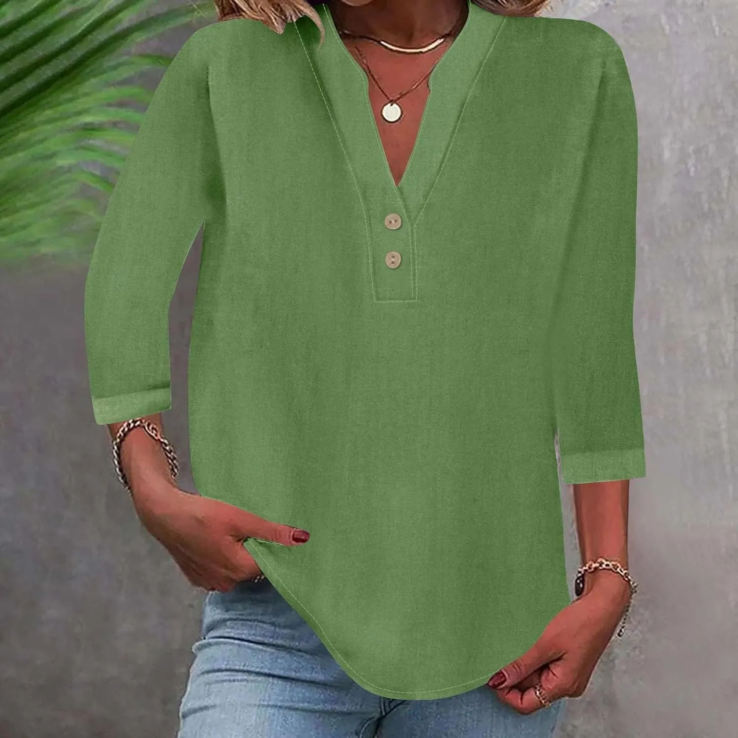 3/4 Length Sleeve Womens Tops Cotton Linen Loose Fit V Neck Button Down Henley Shirts Summer Solid Beach Tee Shirt