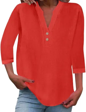 3/4 Length Sleeve Womens Tops Cotton Linen Loose Fit V Neck Button Down Henley Shirts Summer Solid Beach Tee Shirt