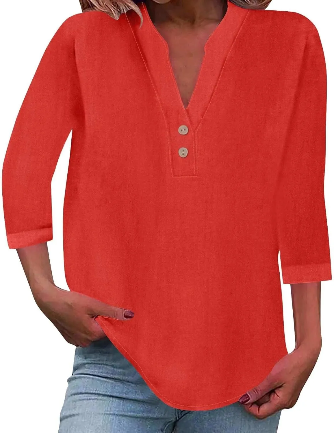 3/4 Length Sleeve Womens Tops Cotton Linen Loose Fit V Neck Button Down Henley Shirts Summer Solid Beach Tee Shirt