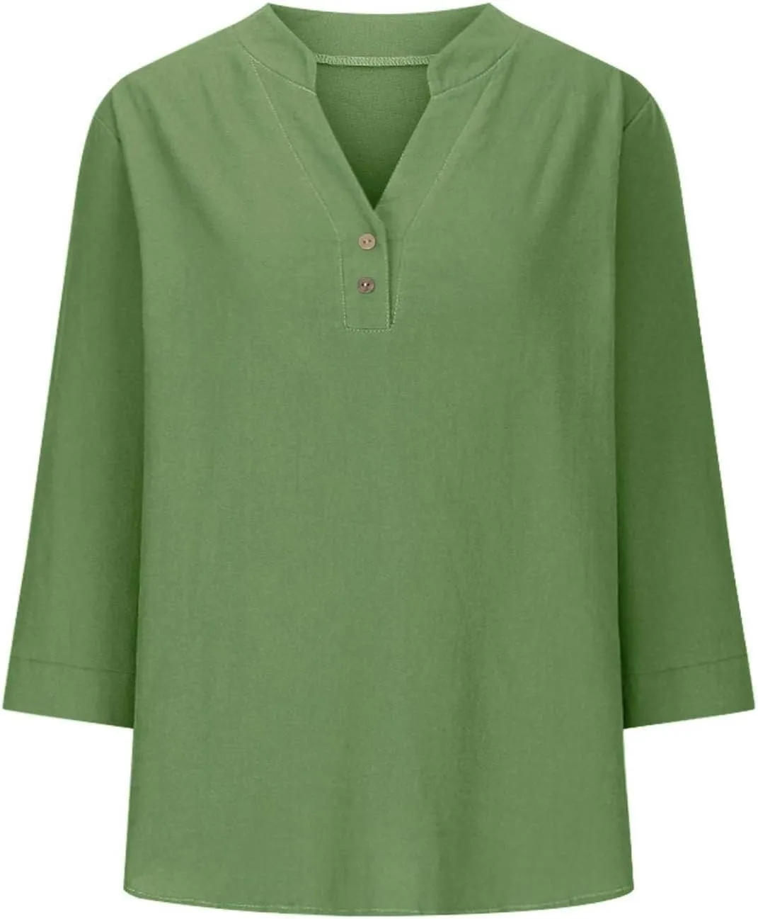 3/4 Length Sleeve Womens Tops Cotton Linen Loose Fit V Neck Button Down Henley Shirts Summer Solid Beach Tee Shirt