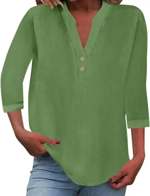 3/4 Length Sleeve Womens Tops Cotton Linen Loose Fit V Neck Button Down Henley Shirts Summer Solid Beach Tee Shirt