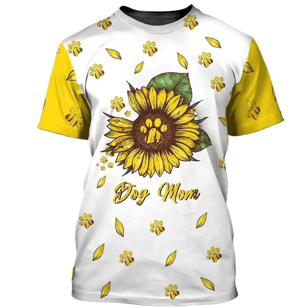 3D Dog T Shirts, Dog Mom Love Paw Sunflowers All Over Print T-Shirt, Gift For Pet Loves