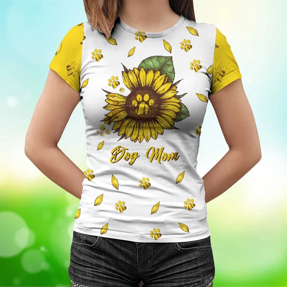 3D Dog T Shirts, Dog Mom Love Paw Sunflowers All Over Print T-Shirt, Gift For Pet Loves