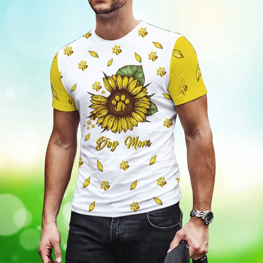 3D Dog T Shirts, Dog Mom Love Paw Sunflowers All Over Print T-Shirt, Gift For Pet Loves