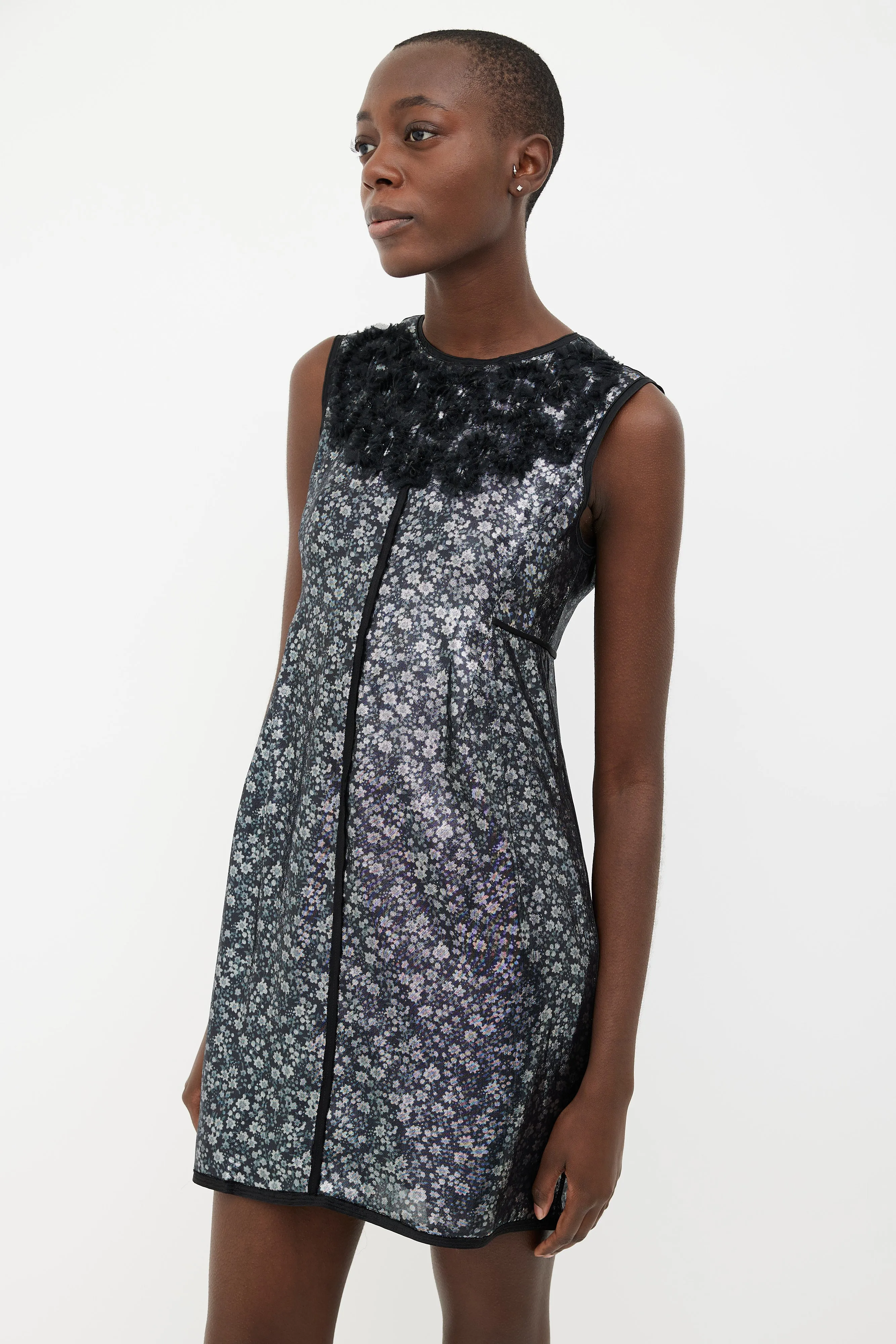 Black Floral Metallic Ruffle Shift Dress