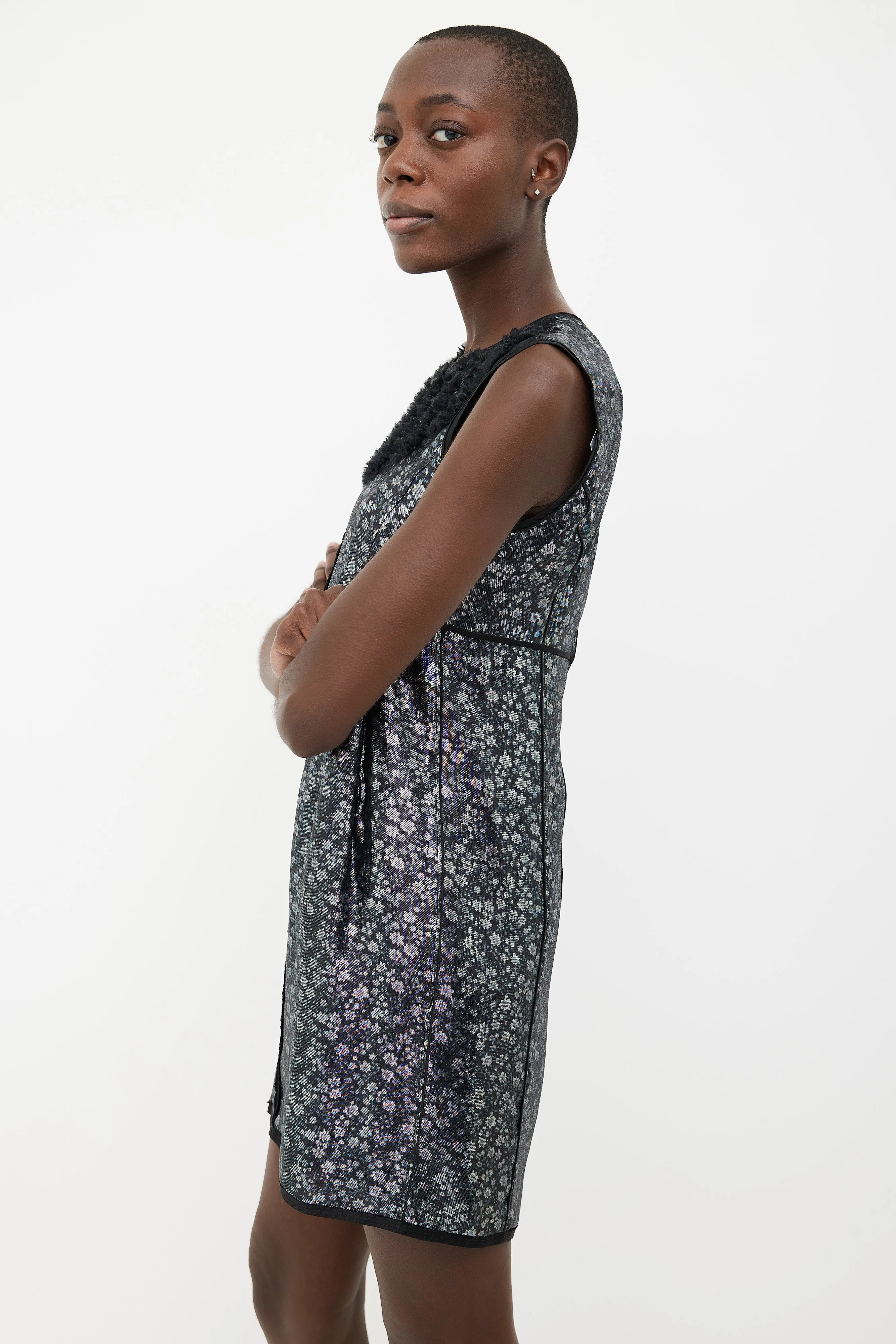 Black Floral Metallic Ruffle Shift Dress