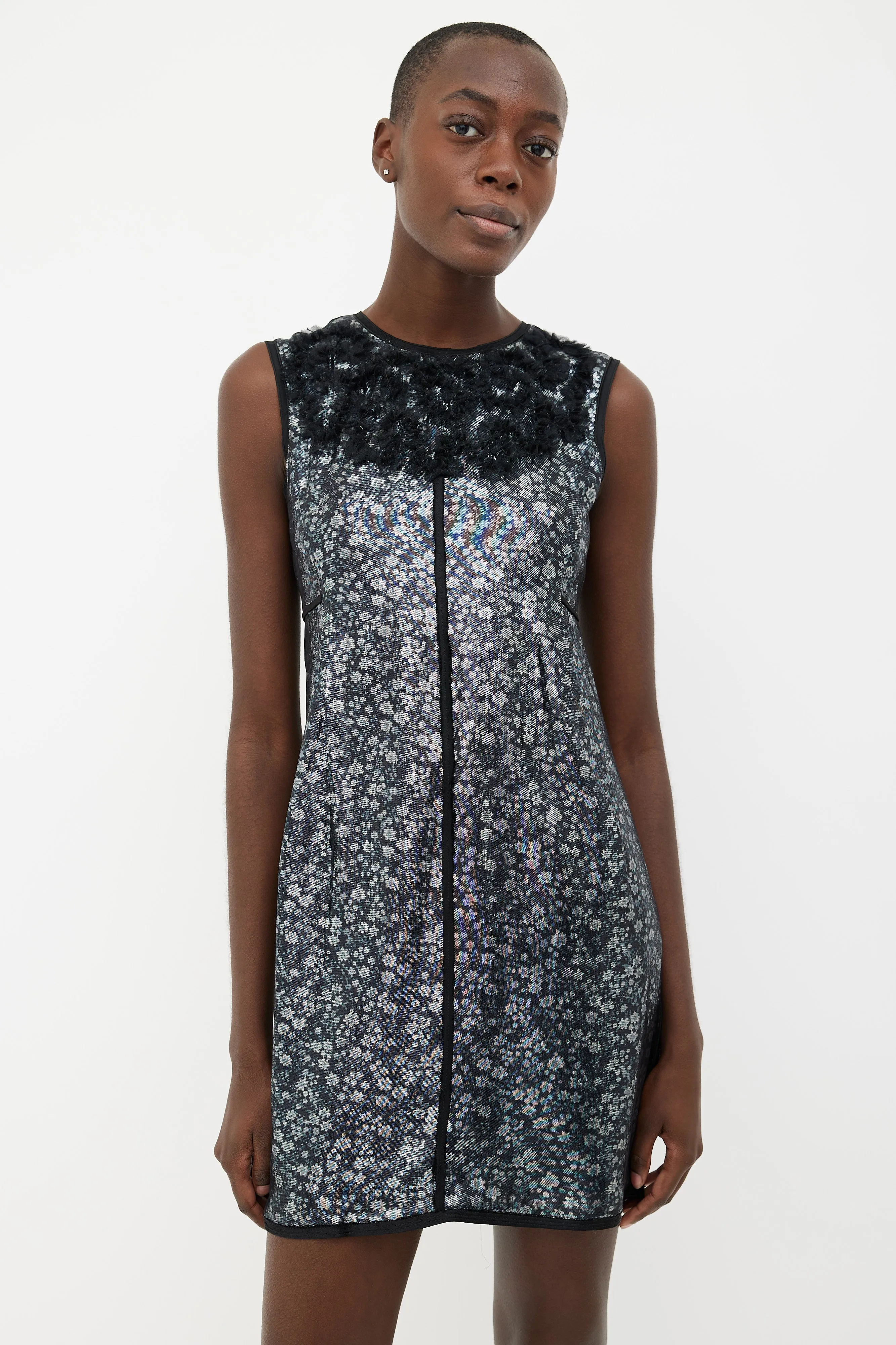 Black Floral Metallic Ruffle Shift Dress