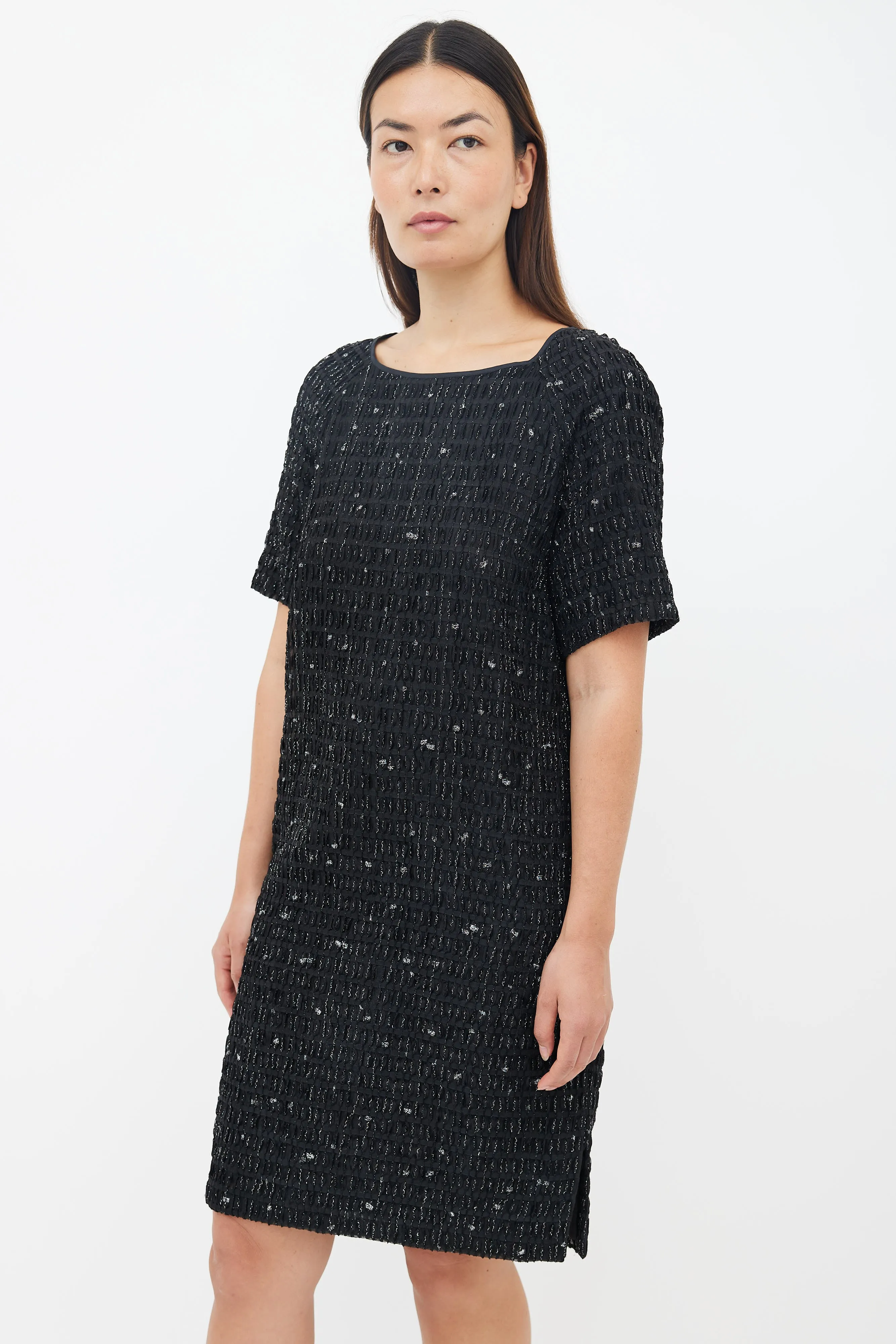 Black Metallic Textured Shift Dress