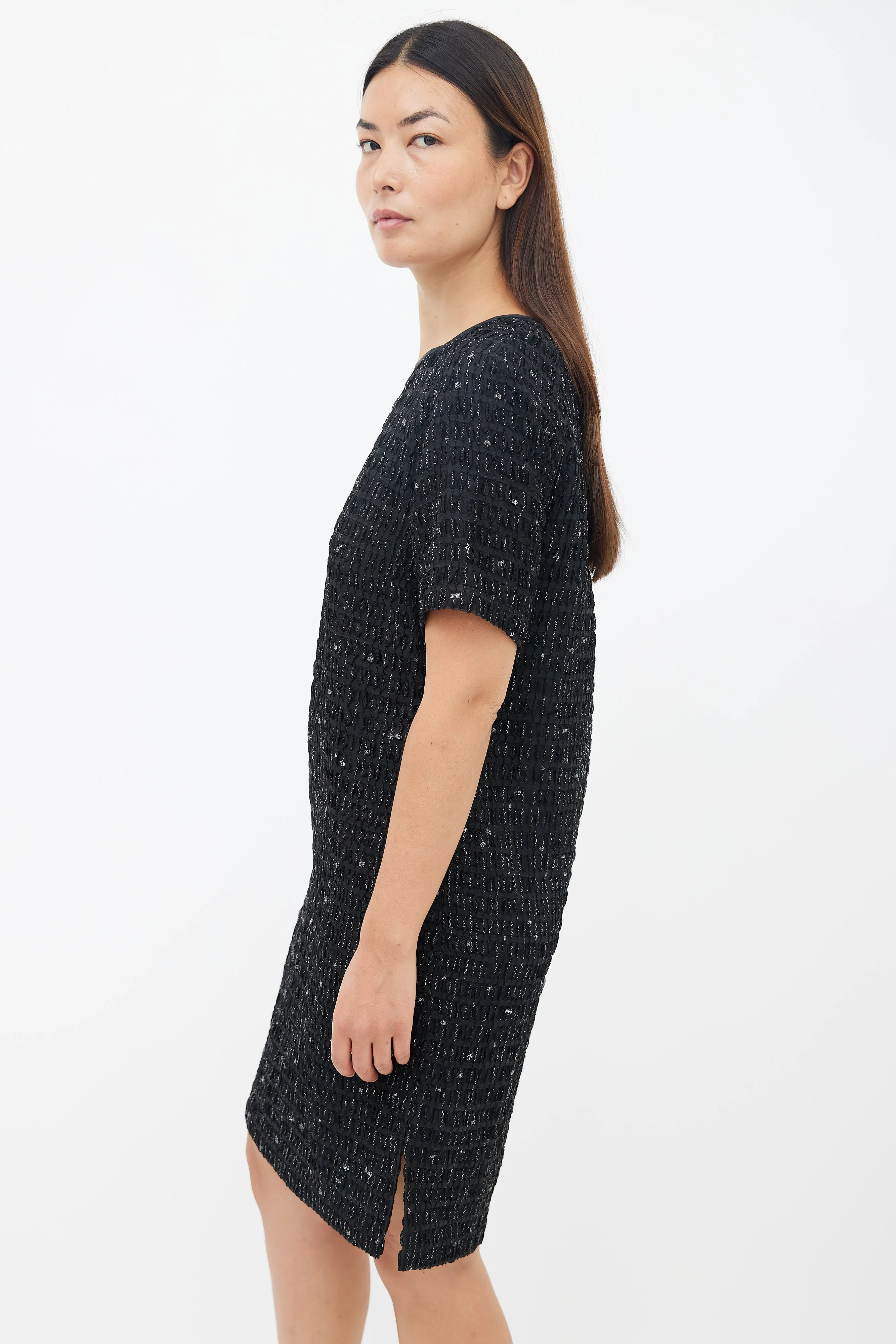 Black Metallic Textured Shift Dress