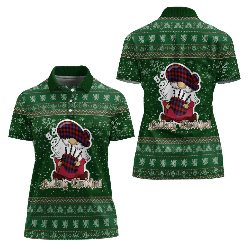 Broun Modern Clan Christmas Family Polo Shirt with Funny Gnome Playing Bagpipes