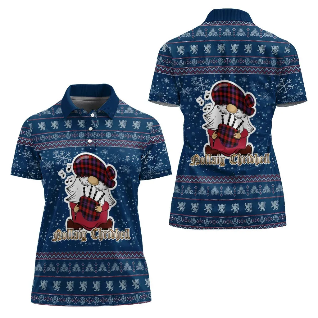 Broun Modern Clan Christmas Family Polo Shirt with Funny Gnome Playing Bagpipes