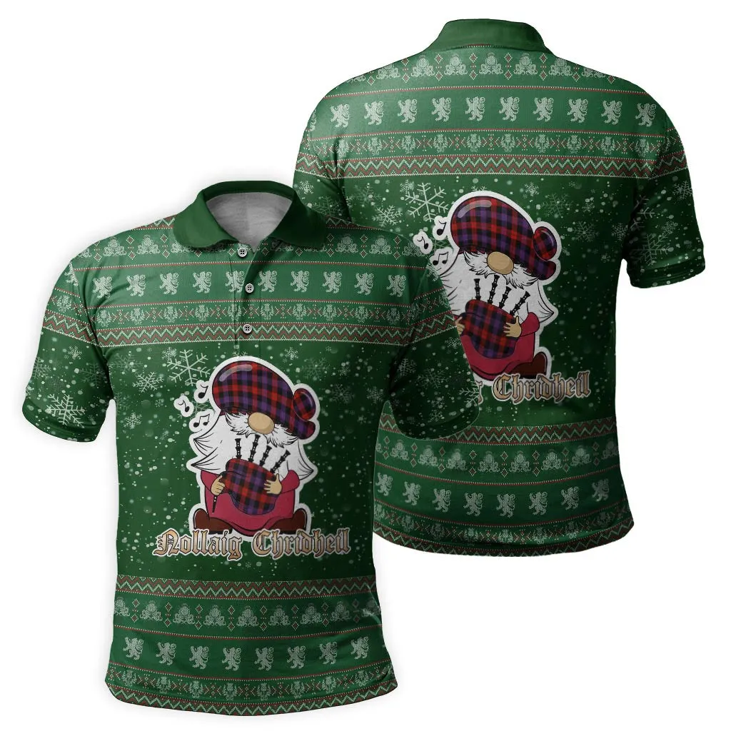 Broun Modern Clan Christmas Family Polo Shirt with Funny Gnome Playing Bagpipes