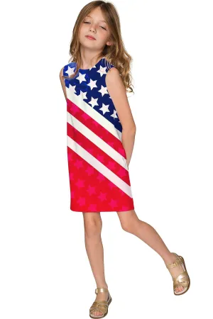 BUY 1 GET 4 FREE! Americana Adele Red & Blue Printed Shift Summer Dress - Girls