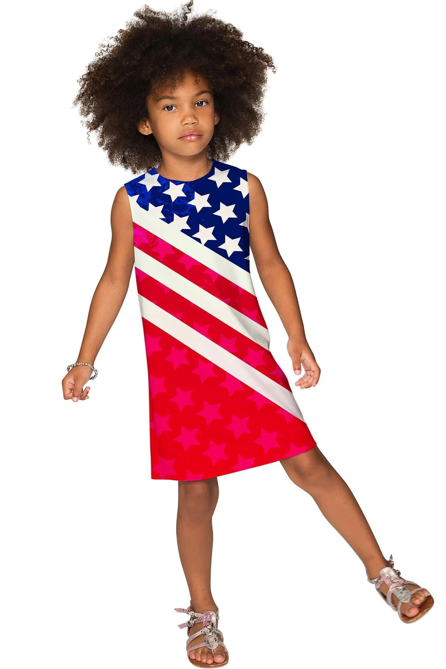 BUY 1 GET 4 FREE! Americana Adele Red & Blue Printed Shift Summer Dress - Girls
