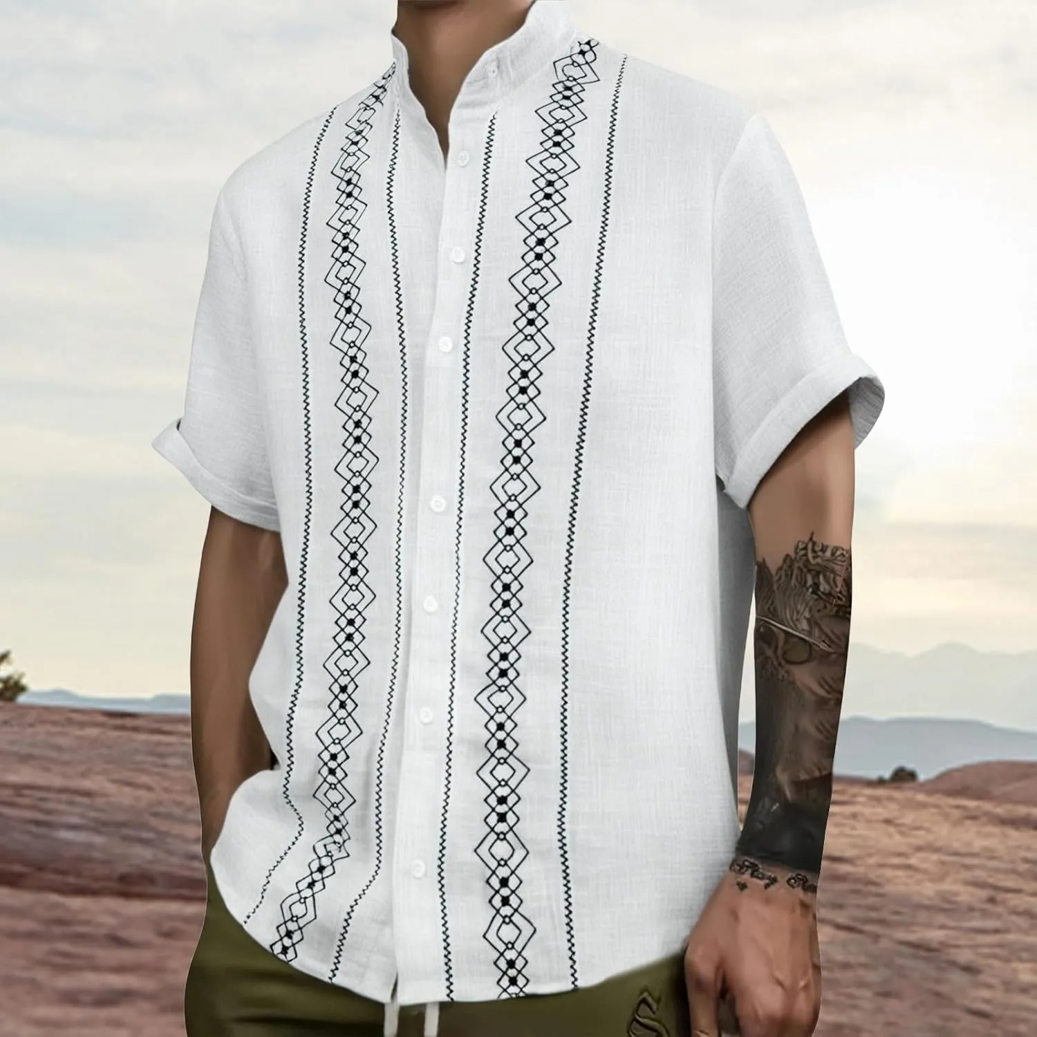 Casual Cotton Linen Guayabera Tropical Shirts for Men Short Sleeve Button Down Vintage Hippie Beach Pocket Shirt