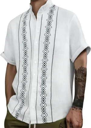 Casual Cotton Linen Guayabera Tropical Shirts for Men Short Sleeve Button Down Vintage Hippie Beach Pocket Shirt