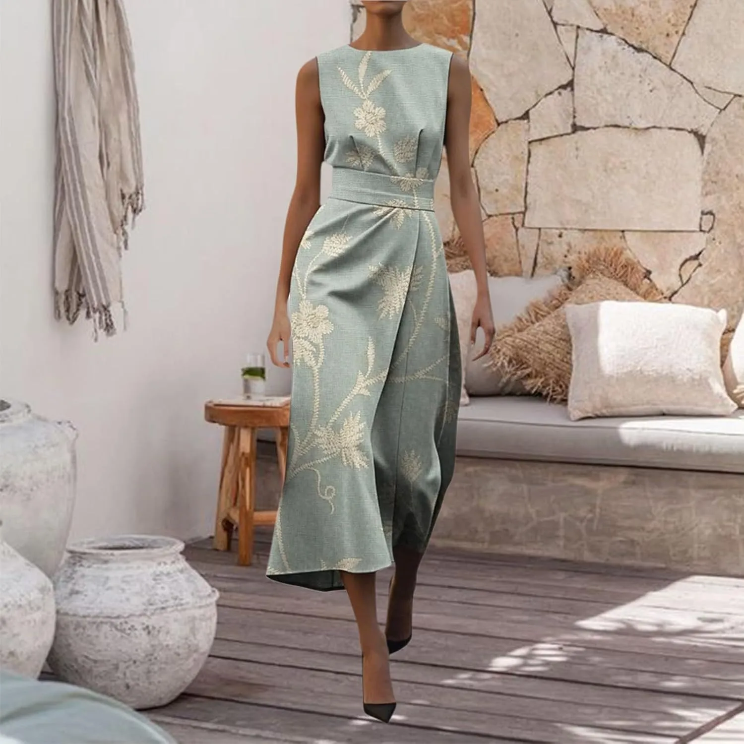 Casual Summer Dresses for Women 2025,Women's Retro Classy Vintage Printed Dress High Wasit Flower Vacation Dress