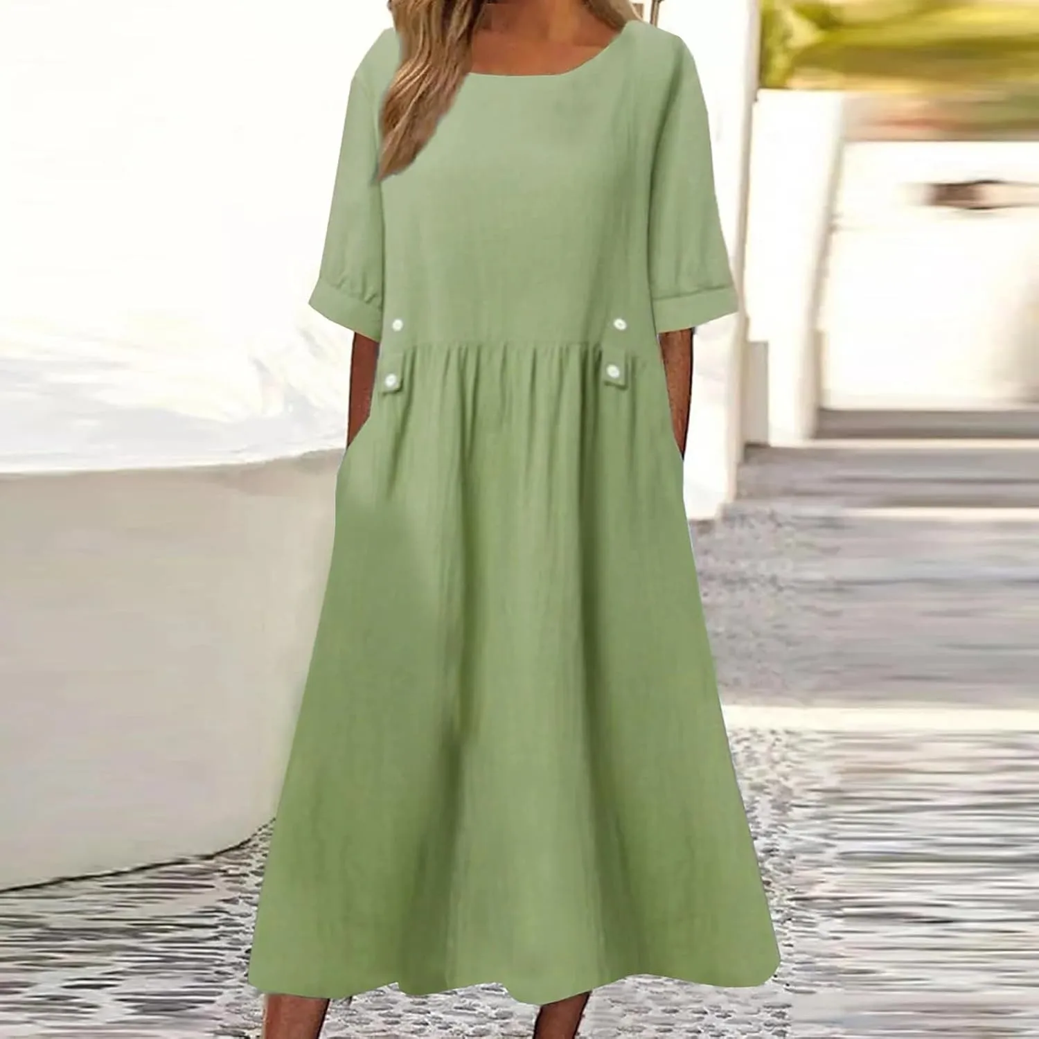 Cotton Linen Dress for Women Round Neck Loose Fit Solid Color Summer Dress with Pockets Pleated Soft Holiday Outfits