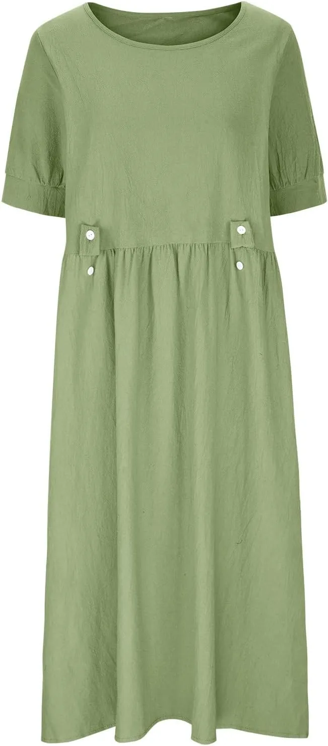 Cotton Linen Dress for Women Round Neck Loose Fit Solid Color Summer Dress with Pockets Pleated Soft Holiday Outfits