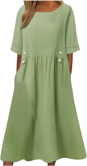 Cotton Linen Dress for Women Round Neck Loose Fit Solid Color Summer Dress with Pockets Pleated Soft Holiday Outfits