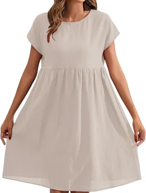 Cotton Linen Summer Midi Dresses for Women 2025 Vacation Casual Short Sleeve Crewneck Tshirt Dress A-Line Mini Dress