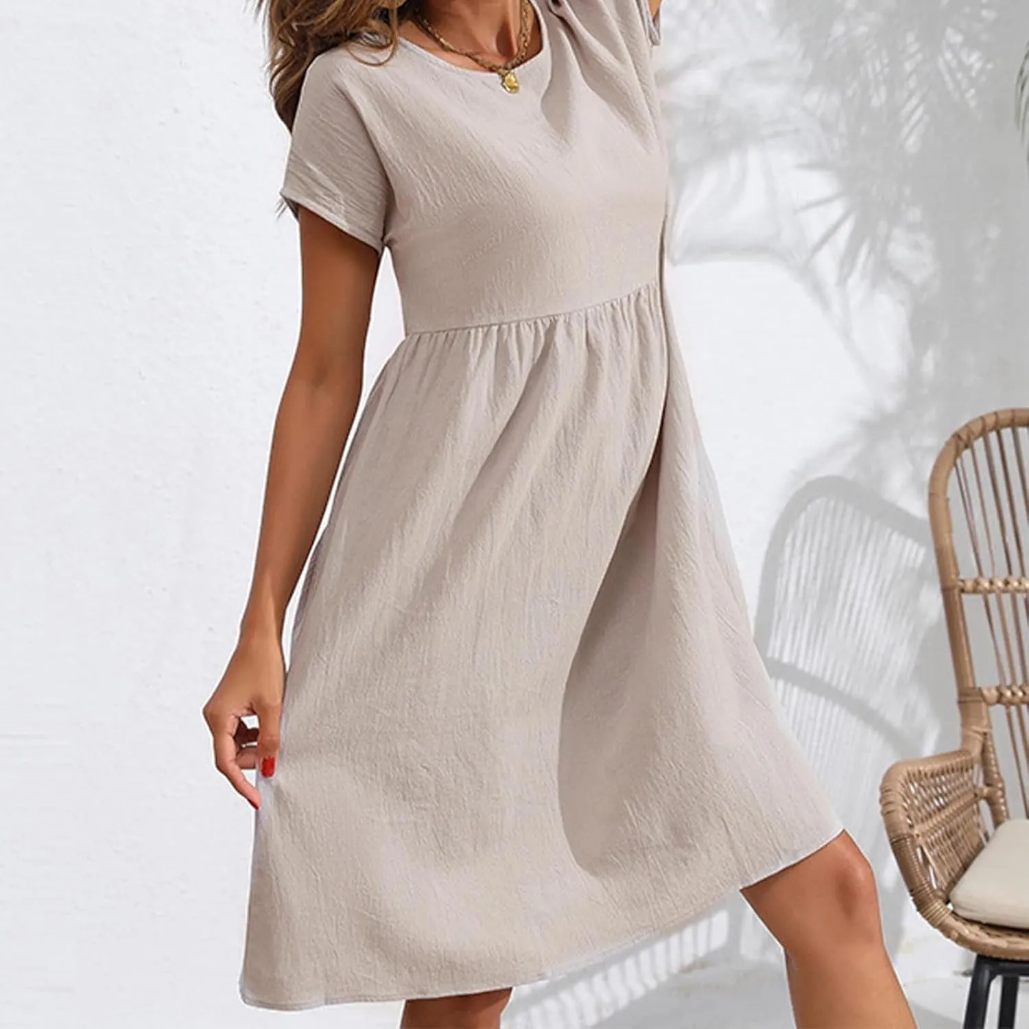Cotton Linen Summer Midi Dresses for Women 2025 Vacation Casual Short Sleeve Crewneck Tshirt Dress A-Line Mini Dress