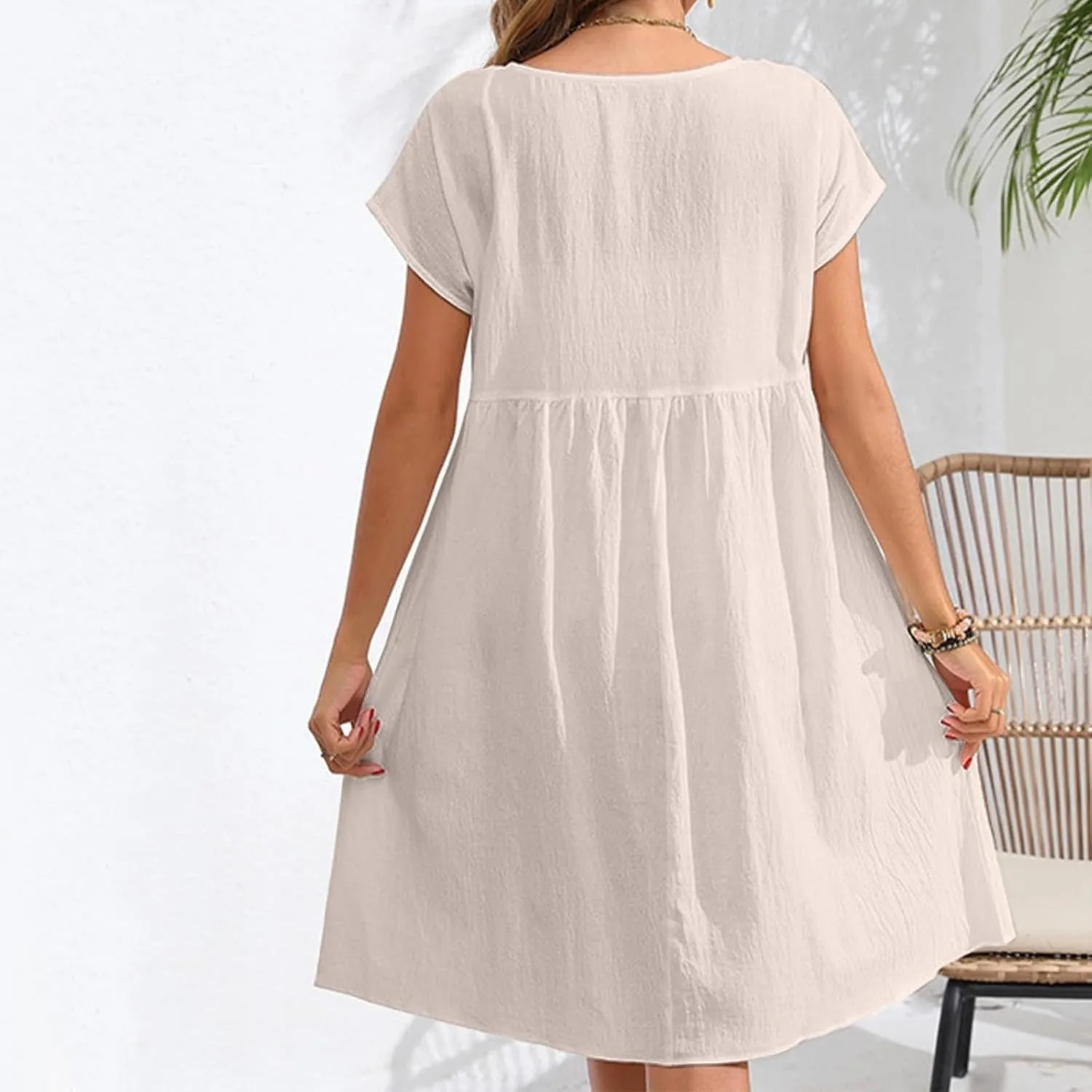 Cotton Linen Summer Midi Dresses for Women 2025 Vacation Casual Short Sleeve Crewneck Tshirt Dress A-Line Mini Dress