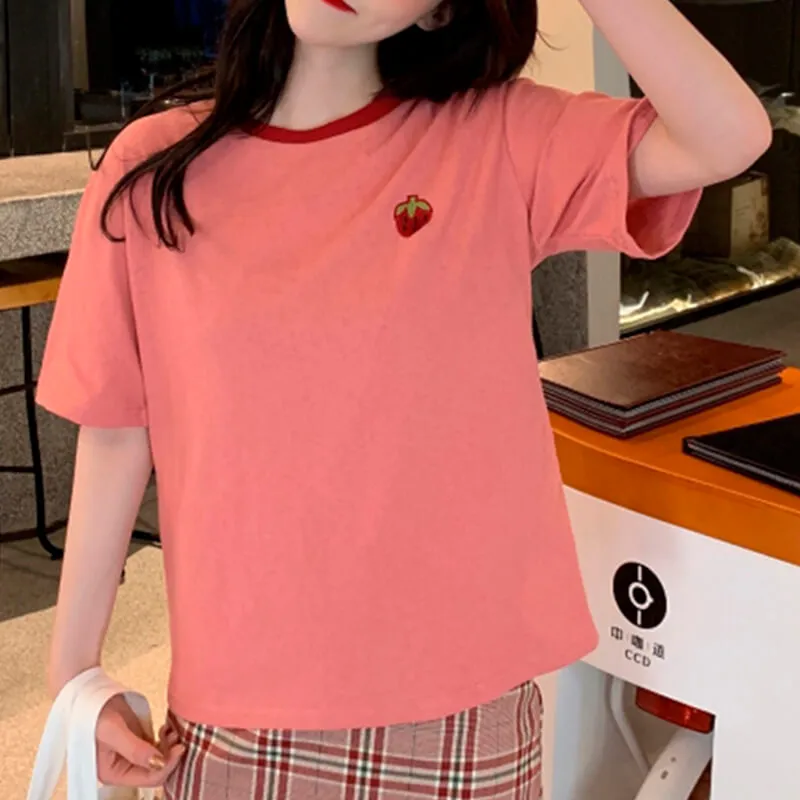 Cute Strawberry Embroidery T-Shirt