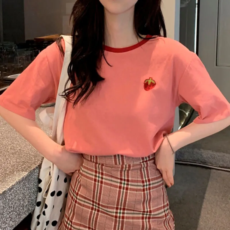 Cute Strawberry Embroidery T-Shirt