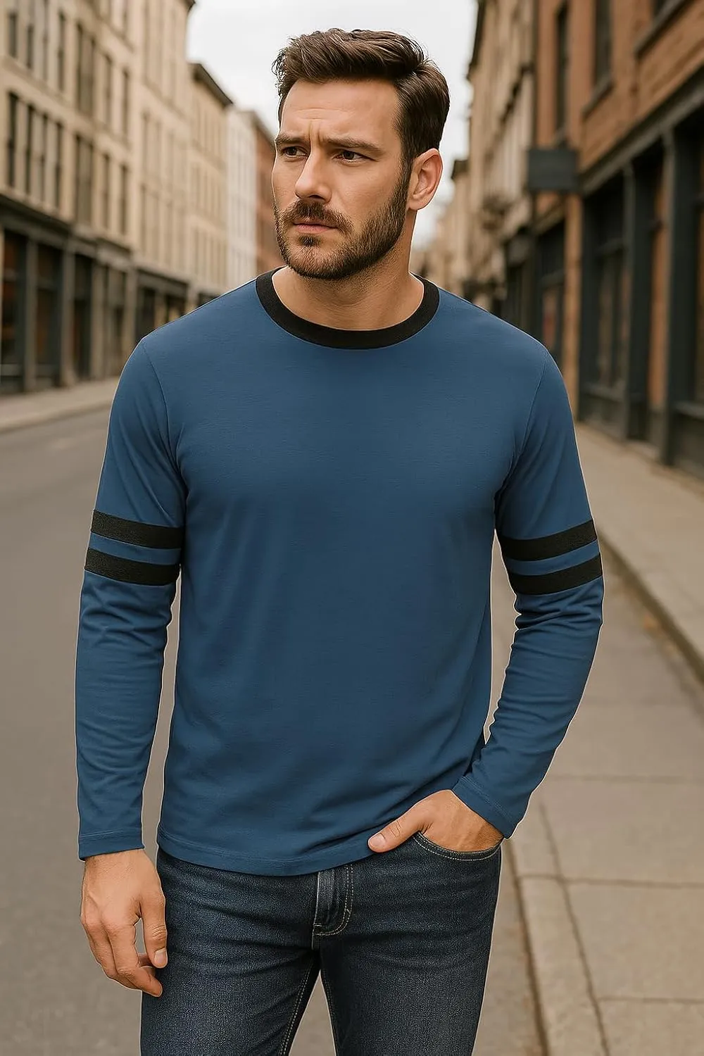 Decrum Mens Long Sleeve Shirts - Soft Comfy Casual Round Neck Full Sleeves Ringer Tee Men