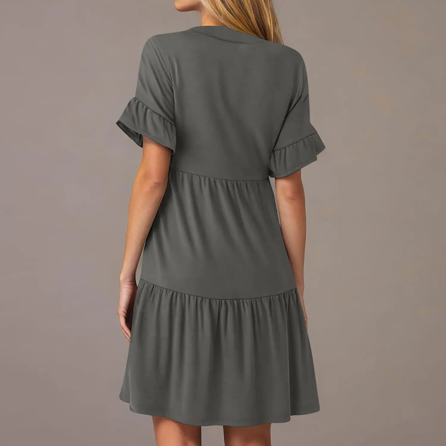 Dresses for Women Summer 2025 Ruffle Hem Flowy A-Line Dress Casual Trendy Babydoll Tiered Mini Dress with Pockets
