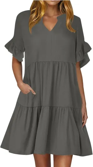 Dresses for Women Summer 2025 Ruffle Hem Flowy A-Line Dress Casual Trendy Babydoll Tiered Mini Dress with Pockets