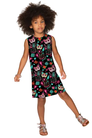 FangTastic Adele Black Skull Cat Print Halloween Shift Dress - Girls