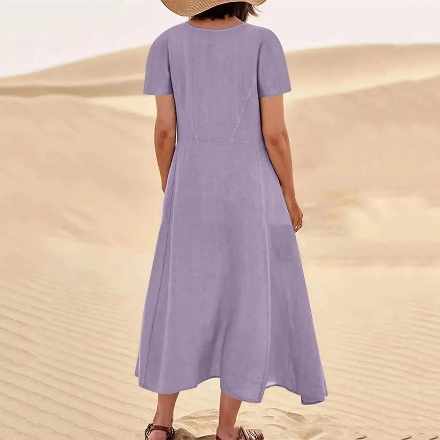 Finelylove Womens Cotton Linen Long Dress Short Sleeve Loose Flowy Dress Casual Midi Summer Beach Sundress with Pockets