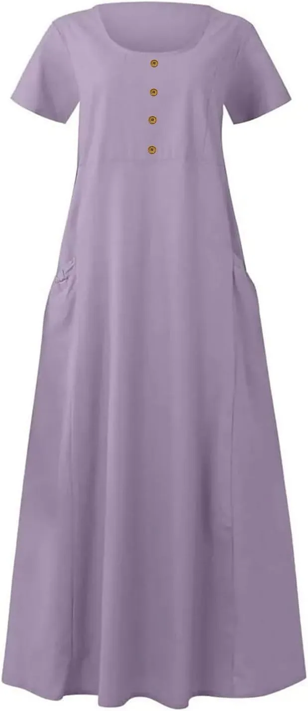 Finelylove Womens Cotton Linen Long Dress Short Sleeve Loose Flowy Dress Casual Midi Summer Beach Sundress with Pockets