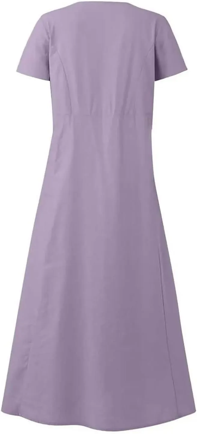 Finelylove Womens Cotton Linen Long Dress Short Sleeve Loose Flowy Dress Casual Midi Summer Beach Sundress with Pockets