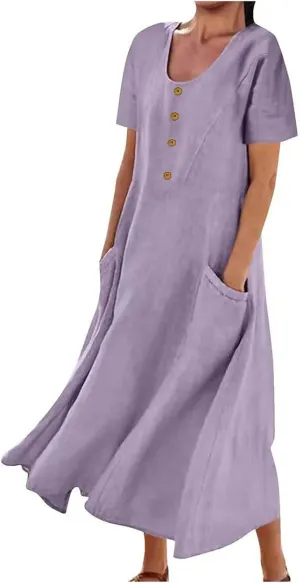 Finelylove Womens Cotton Linen Long Dress Short Sleeve Loose Flowy Dress Casual Midi Summer Beach Sundress with Pockets