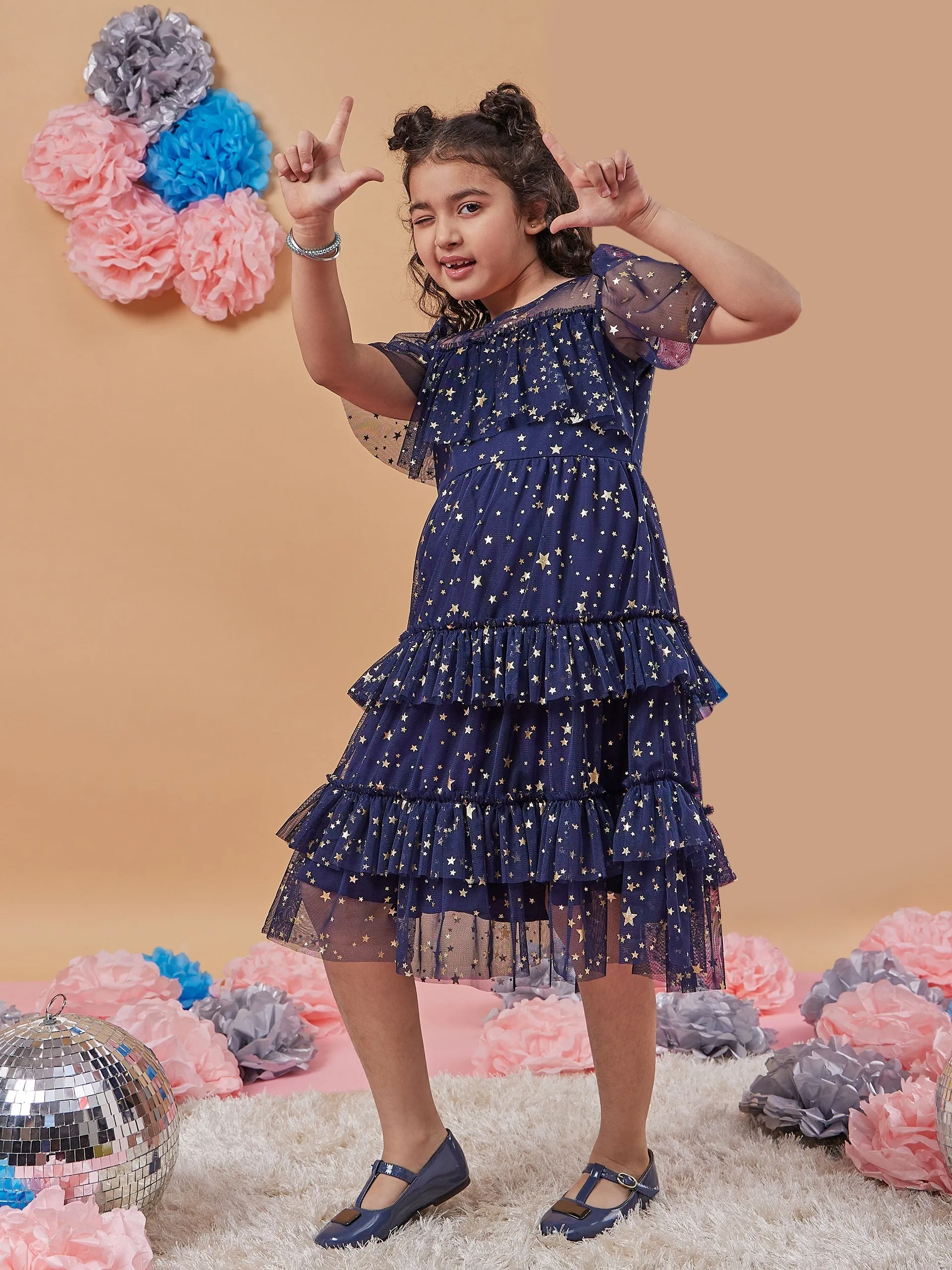 Girls Floral Print Flared Sleeve Net A-Line Midi Dress - PS Peaches