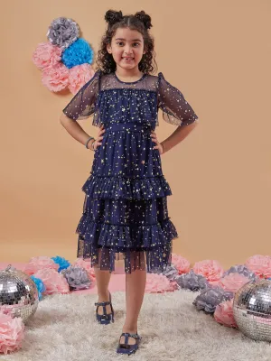 Girls Floral Print Flared Sleeve Net A-Line Midi Dress - PS Peaches
