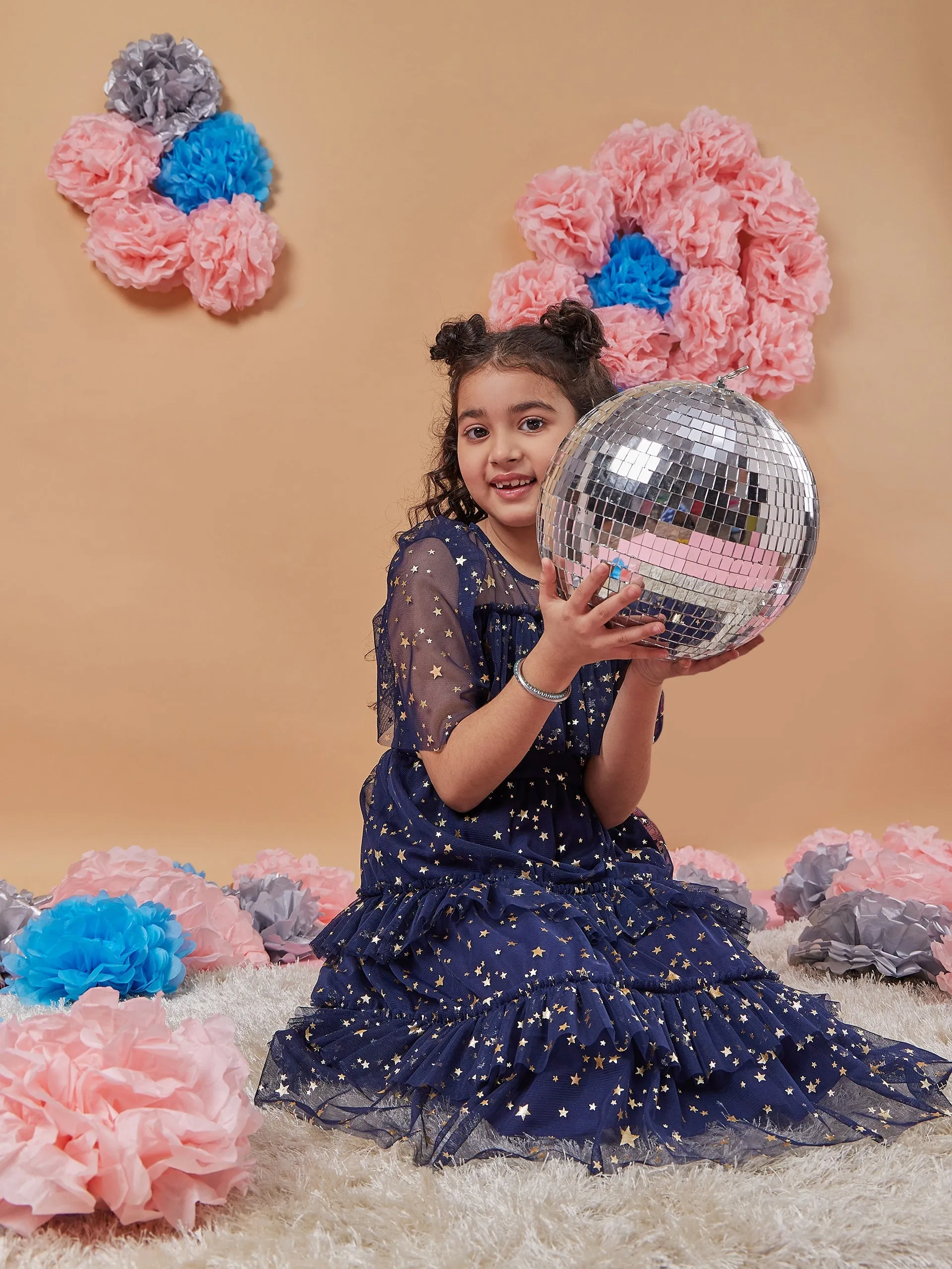 Girls Floral Print Flared Sleeve Net A-Line Midi Dress - PS Peaches