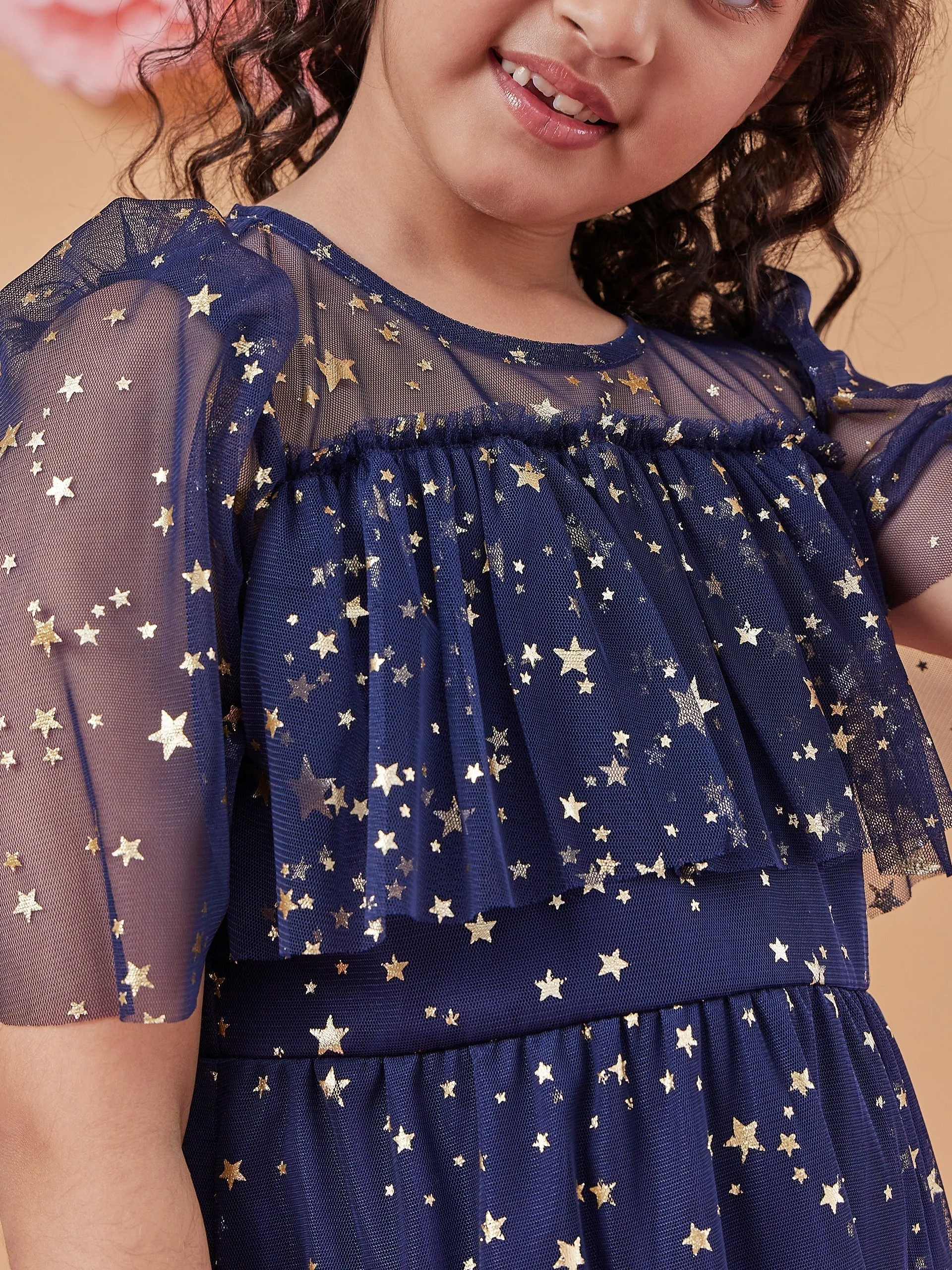 Girls Floral Print Flared Sleeve Net A-Line Midi Dress - PS Peaches