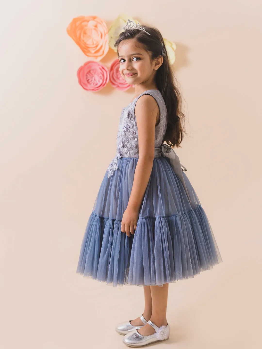 Girls Grey Embellished Net Midi Dress - Ps Peaches