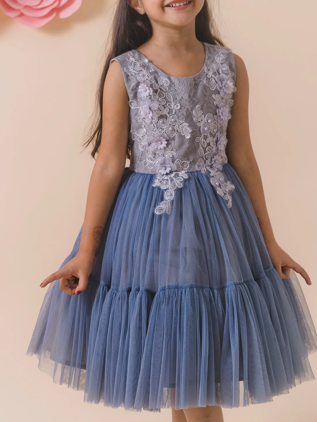 Girls Grey Embellished Net Midi Dress - Ps Peaches