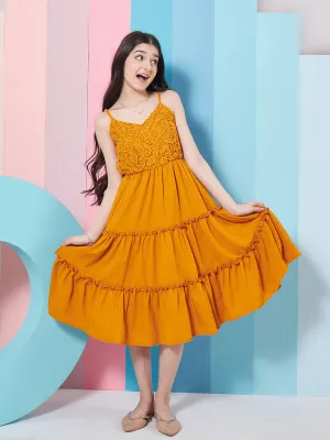 Girls Self Design Shoulder Strap Crepe Fit Flare Midi Dress - PS Peaches