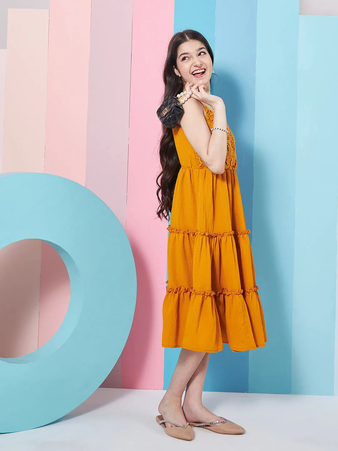 Girls Self Design Shoulder Strap Crepe Fit Flare Midi Dress - PS Peaches