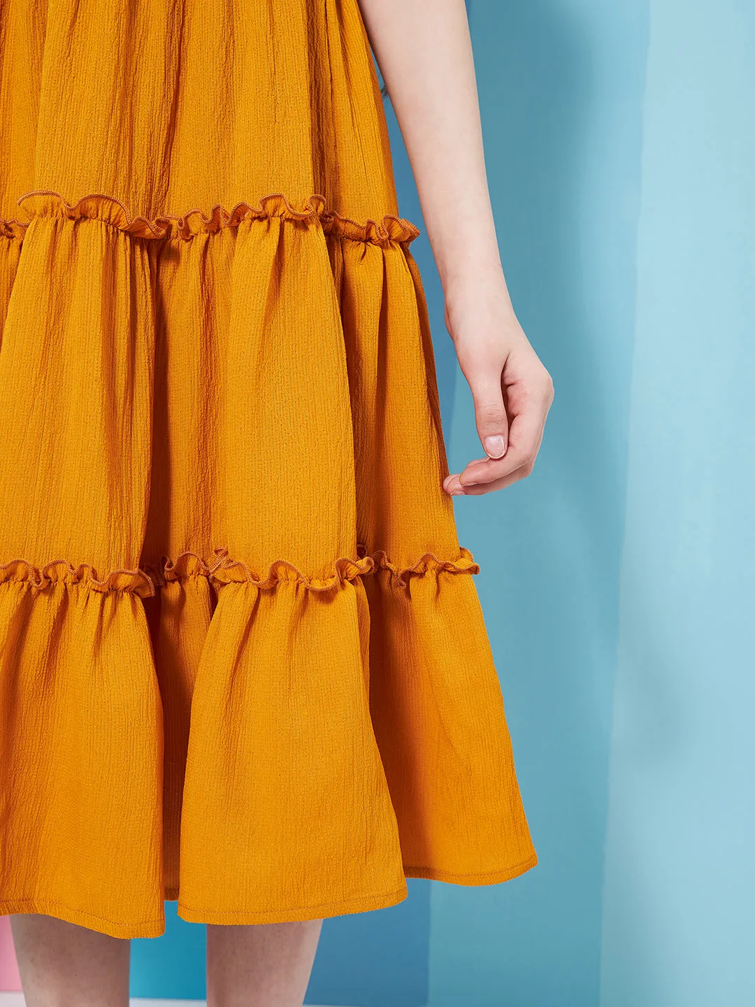 Girls Self Design Shoulder Strap Crepe Fit Flare Midi Dress - PS Peaches
