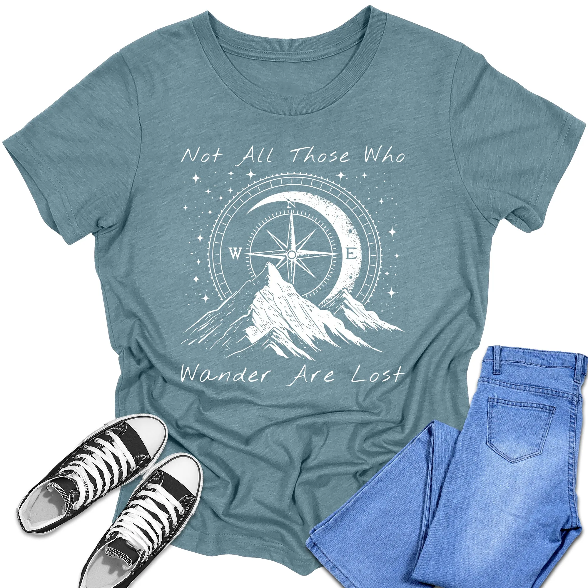 Girl's Short Sleeve Graphic Tees Cute Hiking Not All Those Who Wander Are Lost Shirt Casual Fall Tops