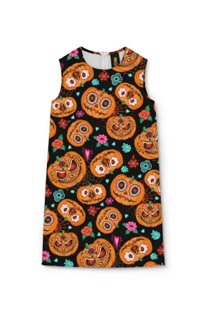 Halloweird Adele Orange Black Pumpkin Skull Print Shift Dress - Girls
